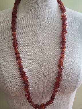 Amber Chip Bead Necklace - Rustic Brown Long Strand